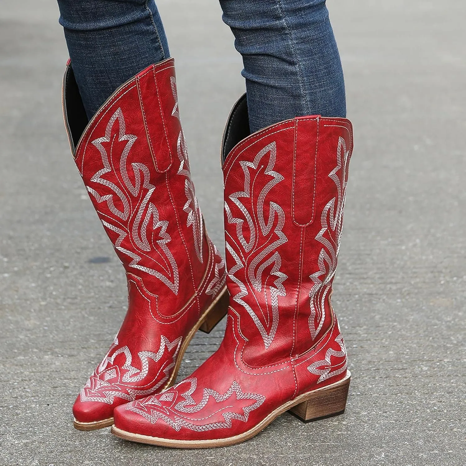 Cathalem Cowgirl Boots for Women Wide Calf Knee High Embroidered Western Cowboy Boots Pointed Toe Chunky Heel Boots