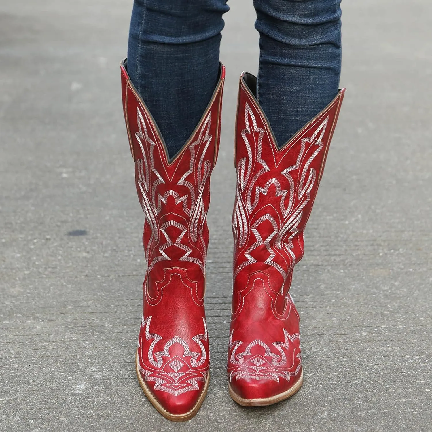 Cathalem Cowgirl Boots for Women Wide Calf Knee High Embroidered Western Cowboy Boots Pointed Toe Chunky Heel Boots