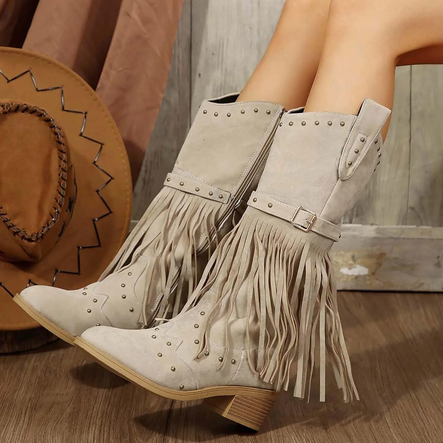 Cathalem Cowgirl Boots Women Knee High Boots Embroidered Cowboy Boots with Chunky Heel Comfort Tall Western Boots for Women
