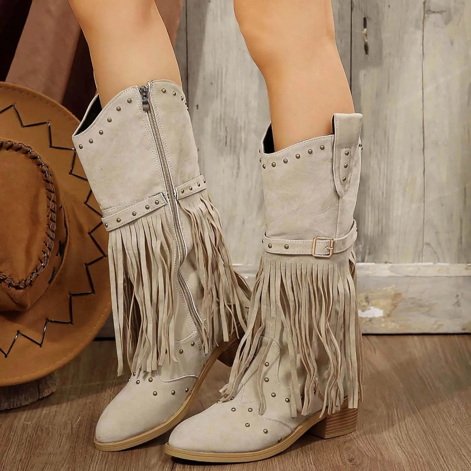 Cathalem Cowgirl Boots Women Knee High Boots Embroidered Cowboy Boots with Chunky Heel Comfort Tall Western Boots for Women