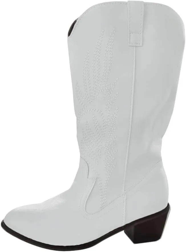 Cowboy Boots for Women Knee High Embroidered Western Cowgirl Boots Wide Calf Pointed Toe Pull On Retro Classic Country Boots