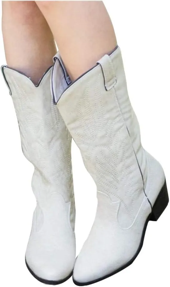 Cowboy Boots for Women Knee High Embroidered Western Cowgirl Boots Wide Calf Pointed Toe Pull On Retro Classic Country Boots