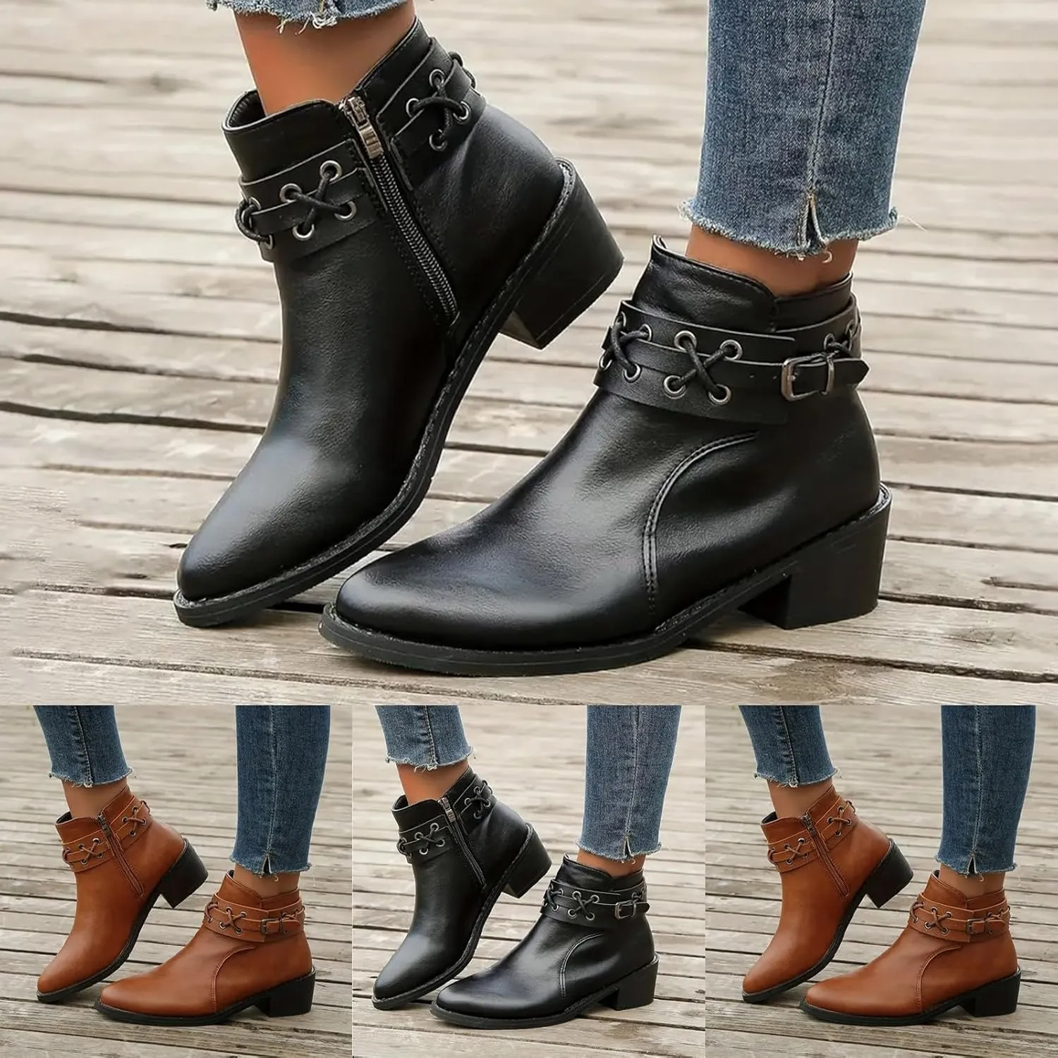 Cowboy Boots for Women, Womens Chunky Low Heel Ankle Boots Classic Pointed Toe Side Zipper Booties Vintage Fall Boots