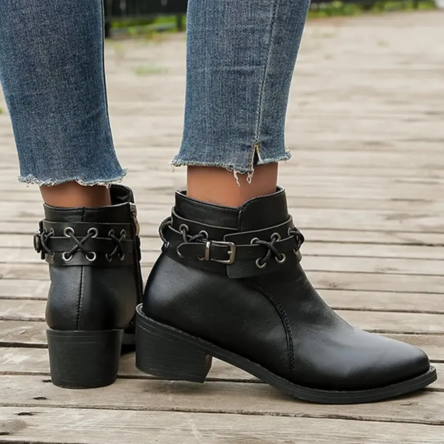 Cowboy Boots for Women, Womens Chunky Low Heel Ankle Boots Classic Pointed Toe Side Zipper Booties Vintage Fall Boots