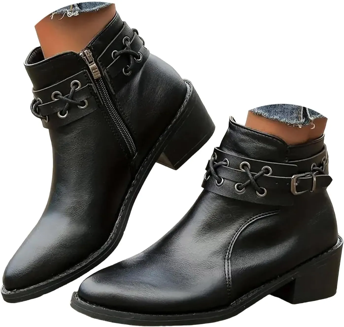 Cowboy Boots for Women, Womens Chunky Low Heel Ankle Boots Classic Pointed Toe Side Zipper Booties Vintage Fall Boots