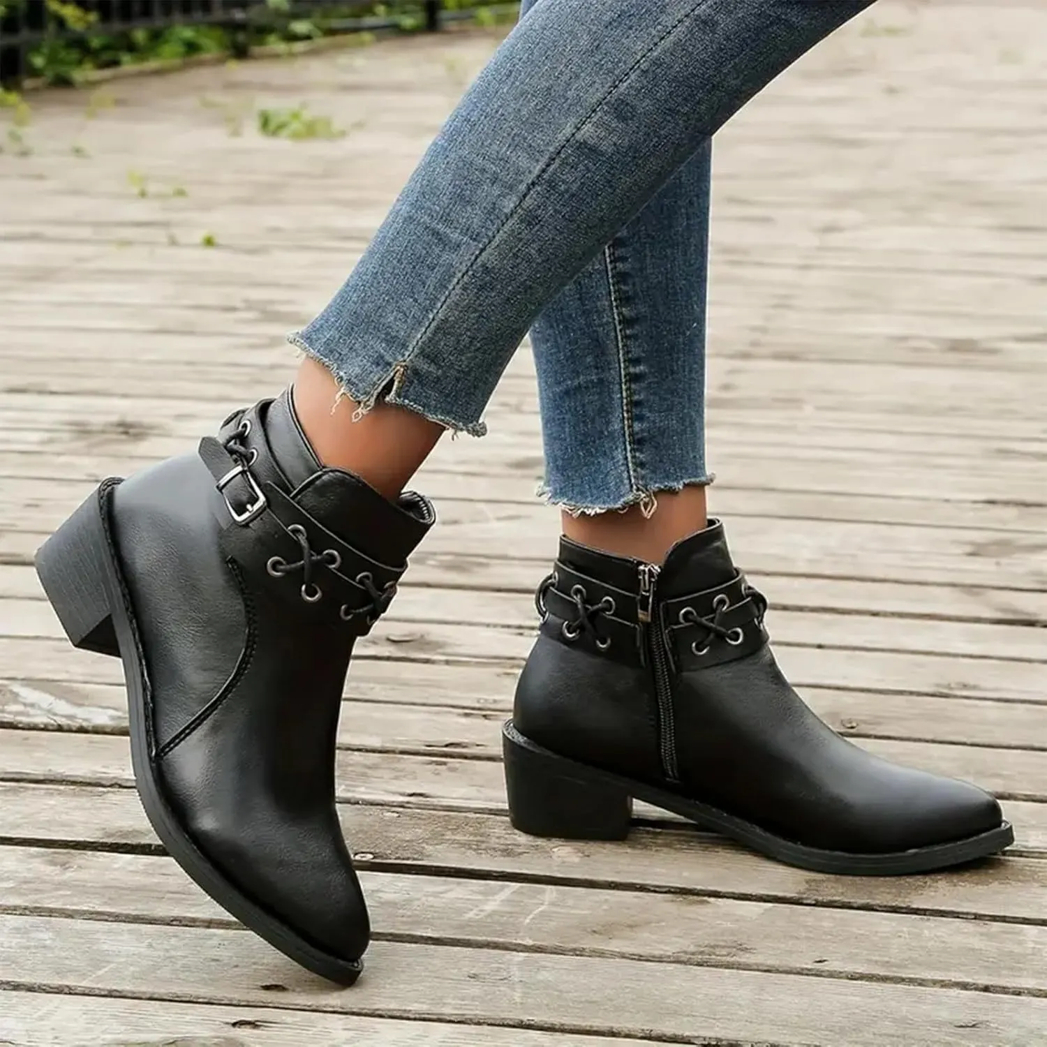 Cowboy Boots for Women, Womens Chunky Low Heel Ankle Boots Classic Pointed Toe Side Zipper Booties Vintage Fall Boots