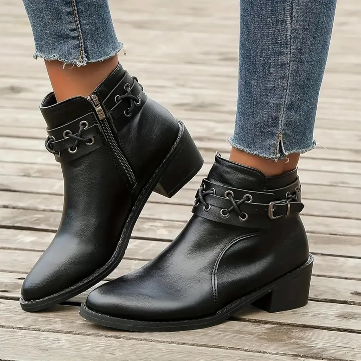 Cowboy Boots for Women, Womens Chunky Low Heel Ankle Boots Classic Pointed Toe Side Zipper Booties Vintage Fall Boots