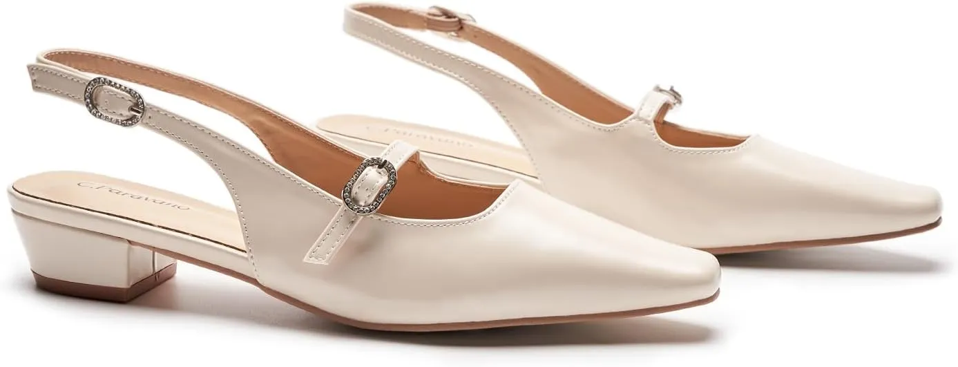 C.Paravano Women's Slingback Sandals Small Square Toe Slingbacks Flats Closed Block Heels Adjustable Strap Slip on Slingbacks