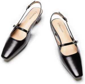 C.Paravano Women's Slingback Sandals Small Square Toe Slingbacks Flats Closed Block Heels Adjustable Strap Slip on Slingbacks
