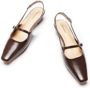 C.Paravano Women's Slingback Sandals Small Square Toe Slingbacks Flats Closed Block Heels Adjustable Strap Slip on Slingbacks