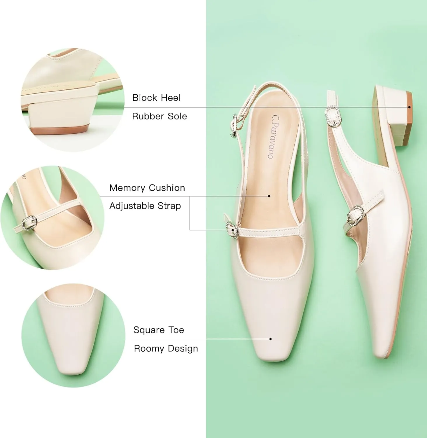 C.Paravano Women's Slingback Sandals Small Square Toe Slingbacks Flats Closed Block Heels Adjustable Strap Slip on Slingbacks