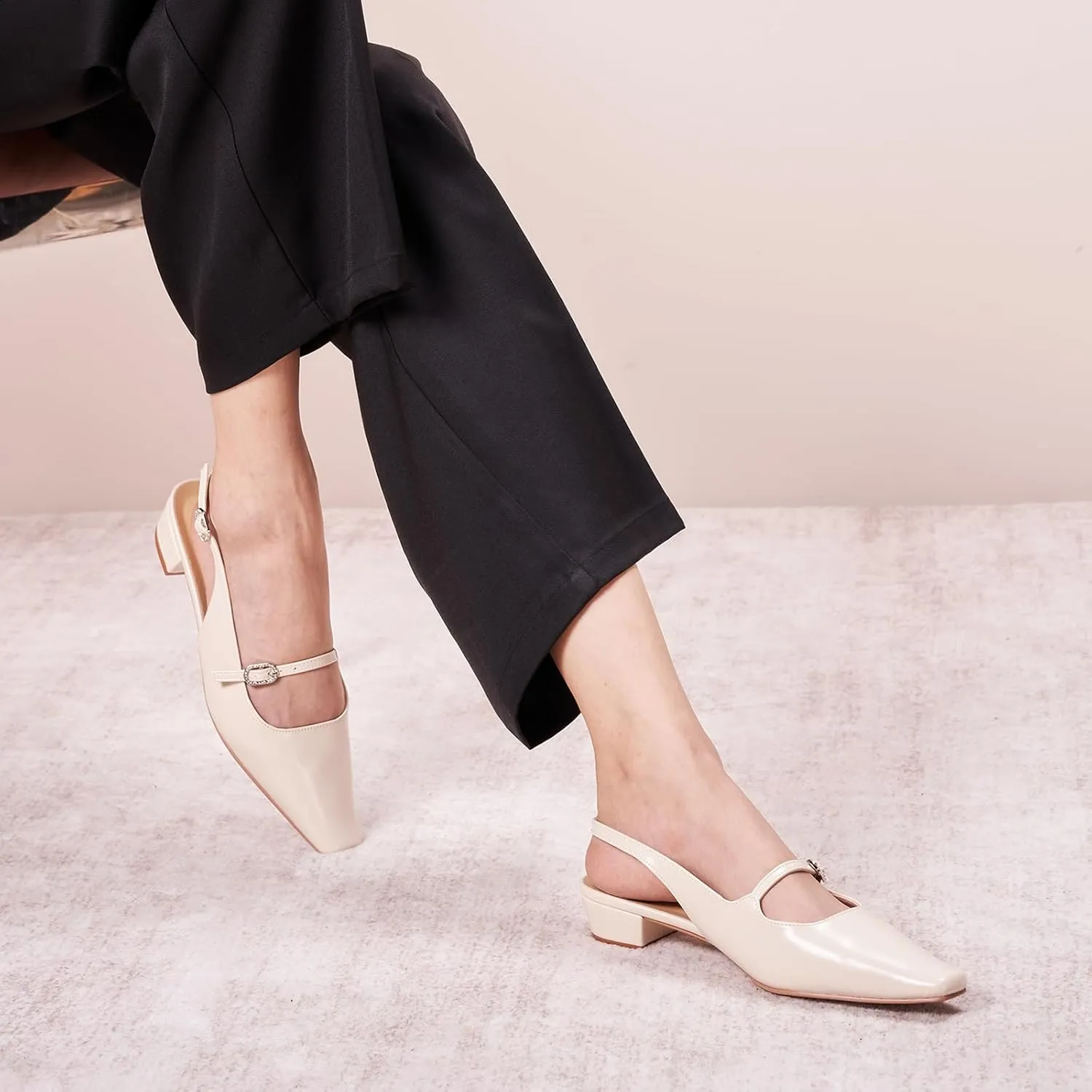 C.Paravano Women's Slingback Sandals Small Square Toe Slingbacks Flats Closed Block Heels Adjustable Strap Slip on Slingbacks