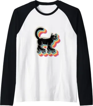 Cute Kawaii Cat in Roller Skate Shoes Retro Roller Skating Raglan Baseball Tee