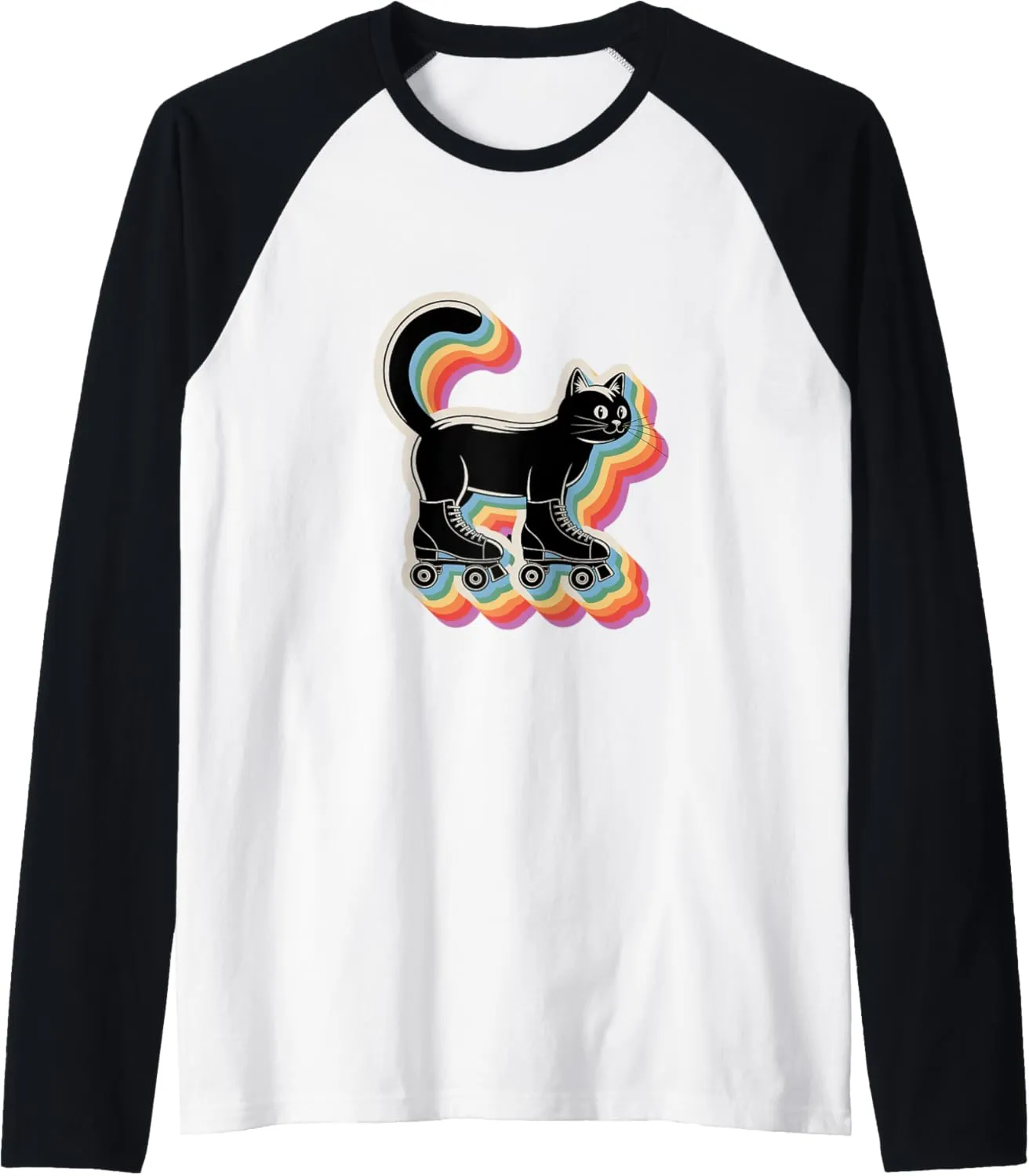 Cute Kawaii Cat in Roller Skate Shoes Retro Roller Skating Raglan Baseball Tee