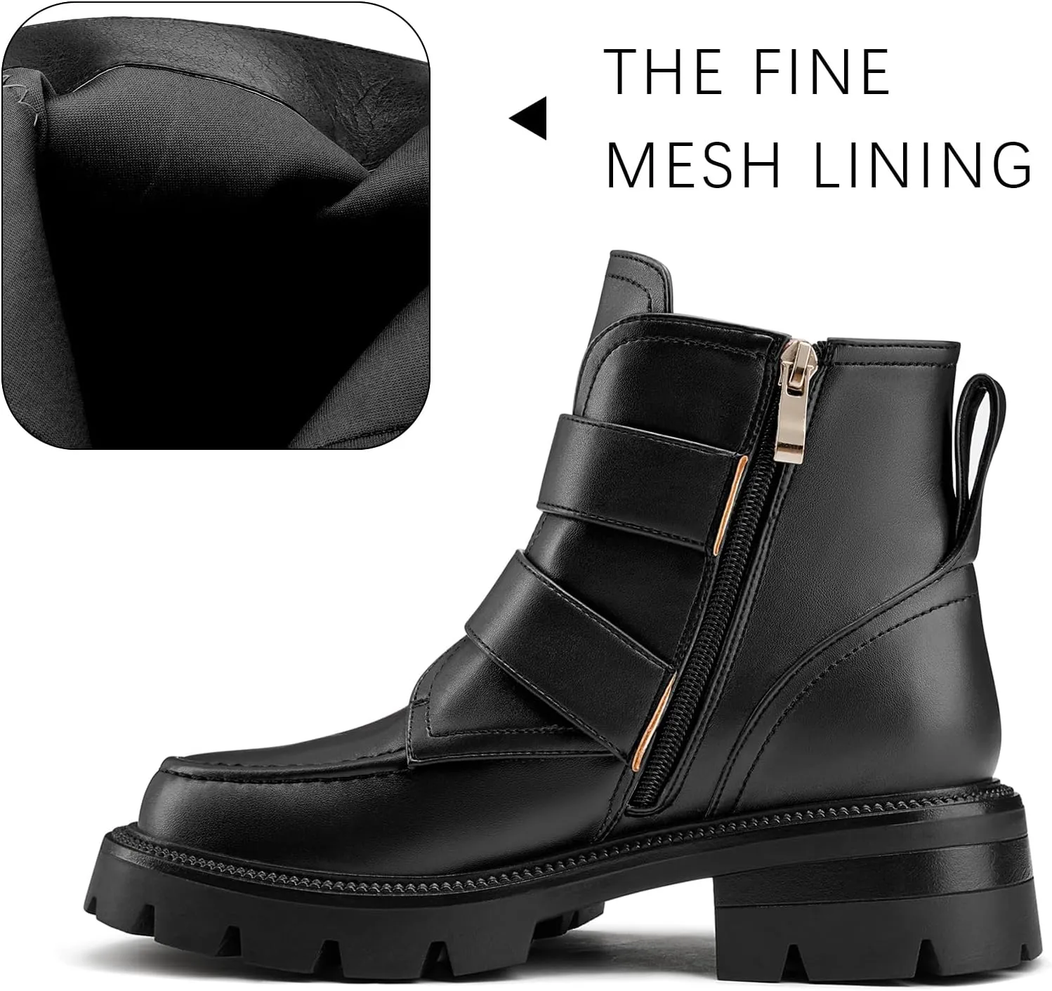 DearOnly Womens Platform Combat Boots Low Chunky Heel Lug Sole Buckle Ankle Boots Zipper Motorcycle Fashion Biker Booties Dress Shoes 1.4 Inches Heels