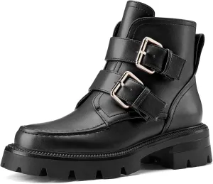 DearOnly Womens Platform Combat Boots Low Chunky Heel Lug Sole Buckle Ankle Boots Zipper Motorcycle Fashion Biker Booties Dress Shoes 1.4 Inches Heels