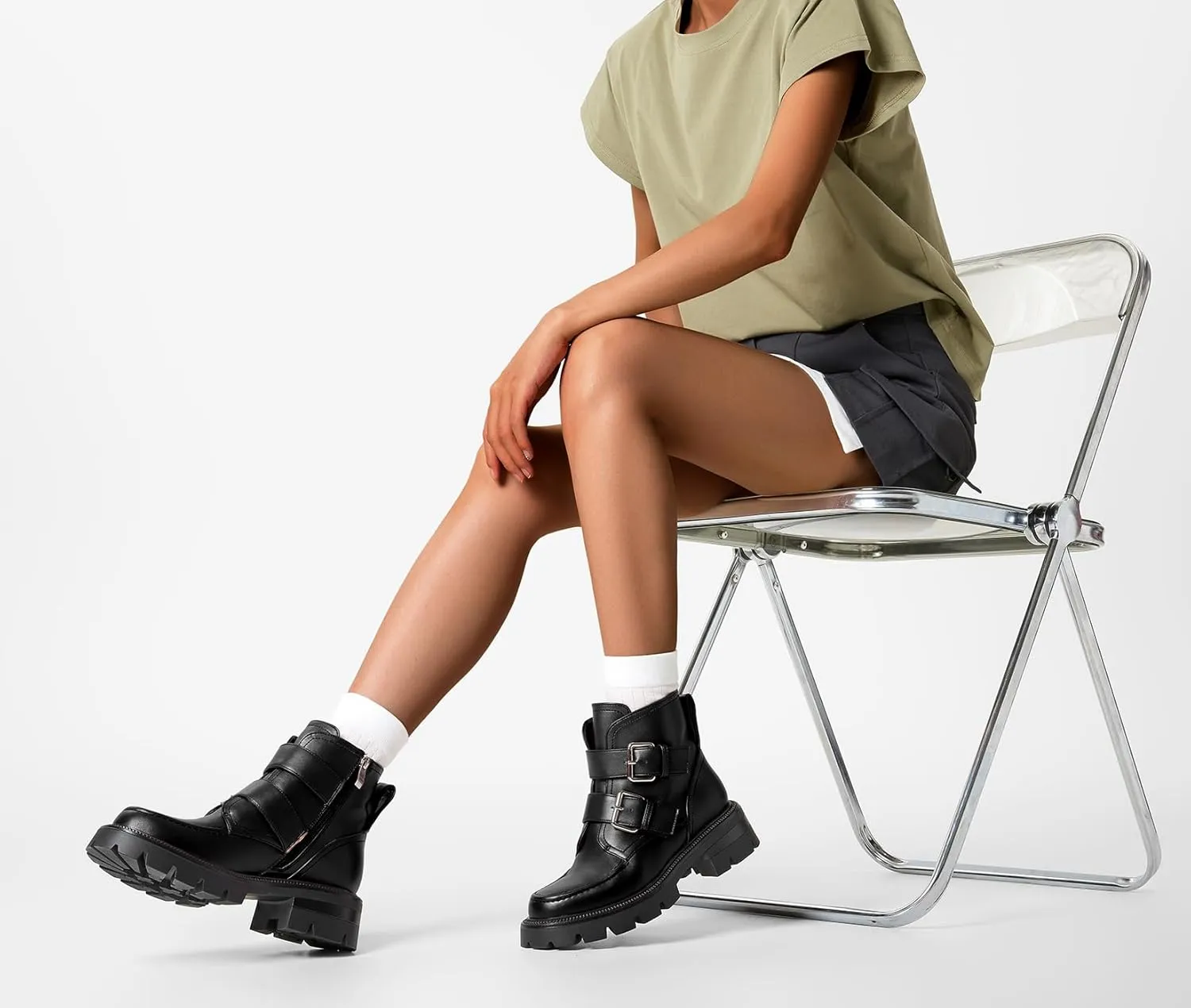 DearOnly Womens Platform Combat Boots Low Chunky Heel Lug Sole Buckle Ankle Boots Zipper Motorcycle Fashion Biker Booties Dress Shoes 1.4 Inches Heels