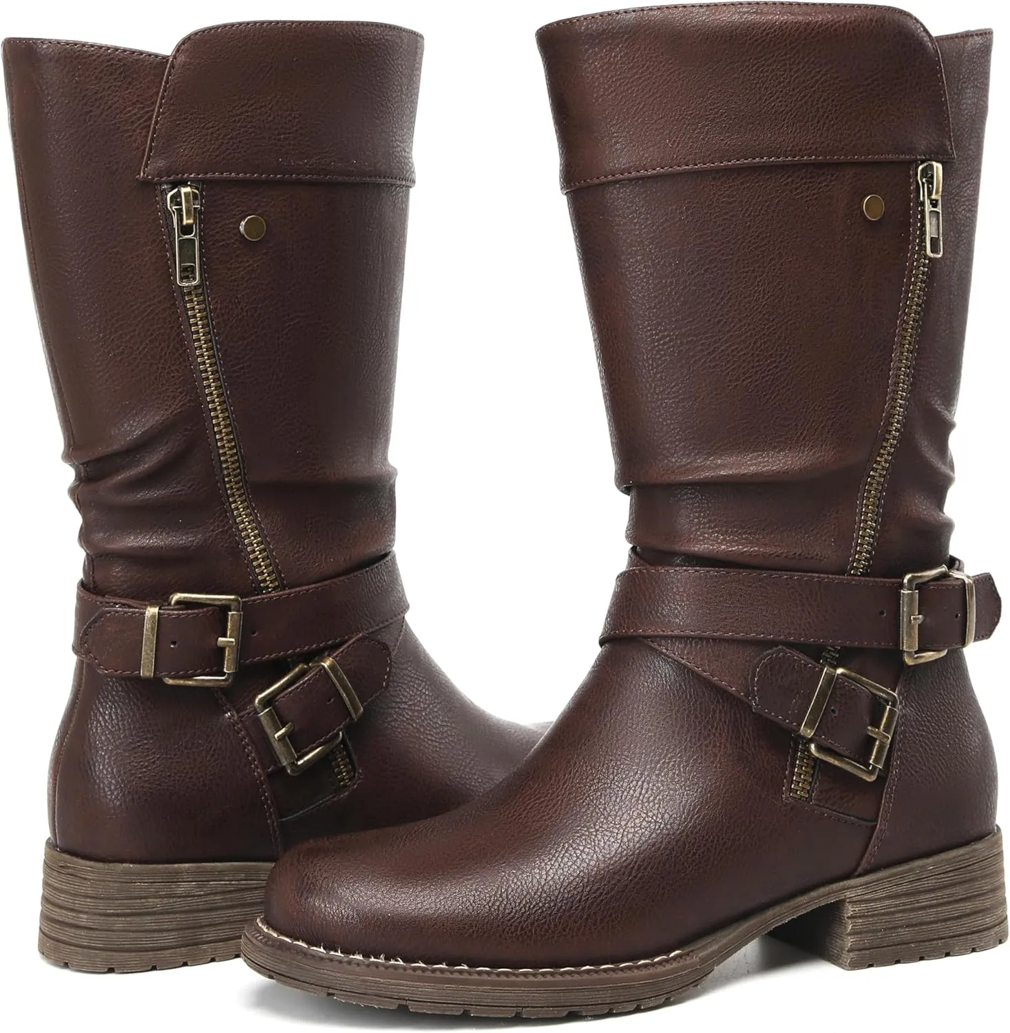 DECARSDZ Women's Mid-Calf Boots Fall Low Heel Fashion Ladies Combat Motorcycle Boots