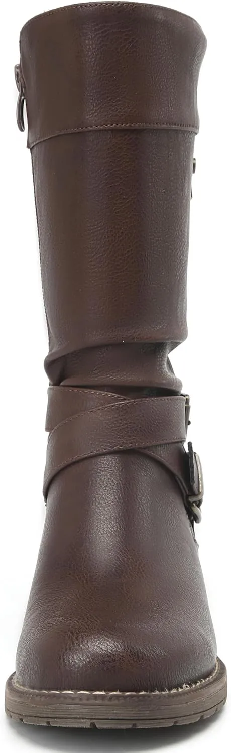 DECARSDZ Women's Mid-Calf Boots Fall Low Heel Fashion Ladies Combat Motorcycle Boots