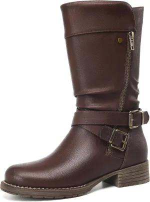 DECARSDZ Women's Mid-Calf Boots Fall Low Heel Fashion Ladies Combat Motorcycle Boots