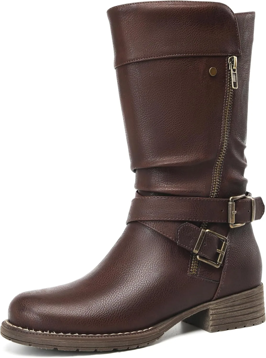 DECARSDZ Women's Mid-Calf Boots Fall Low Heel Fashion Ladies Combat Motorcycle Boots