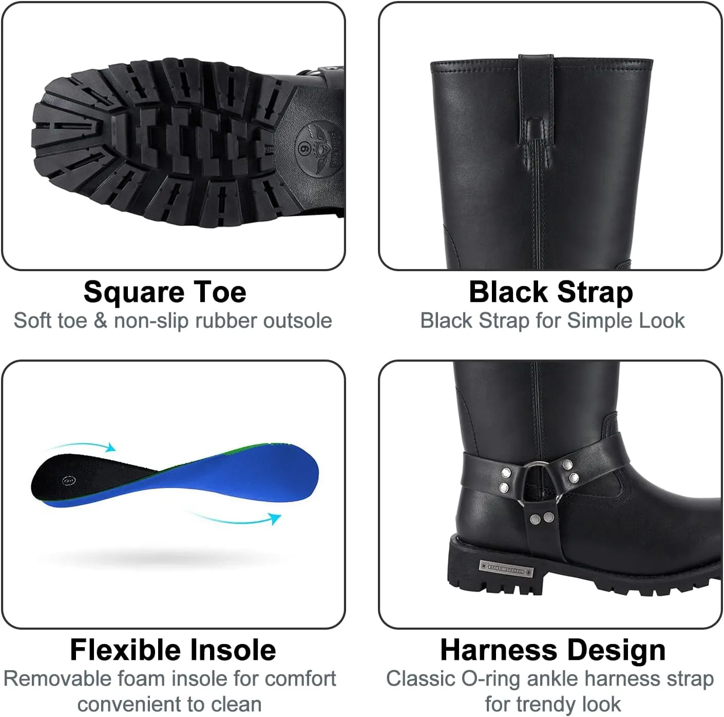 Dream Apparel Women's 8in Harness Motorcycle Boots for Riding, Square Toe Biker Boots, Waterproof Black PU Leather Mid Calf Footwear
