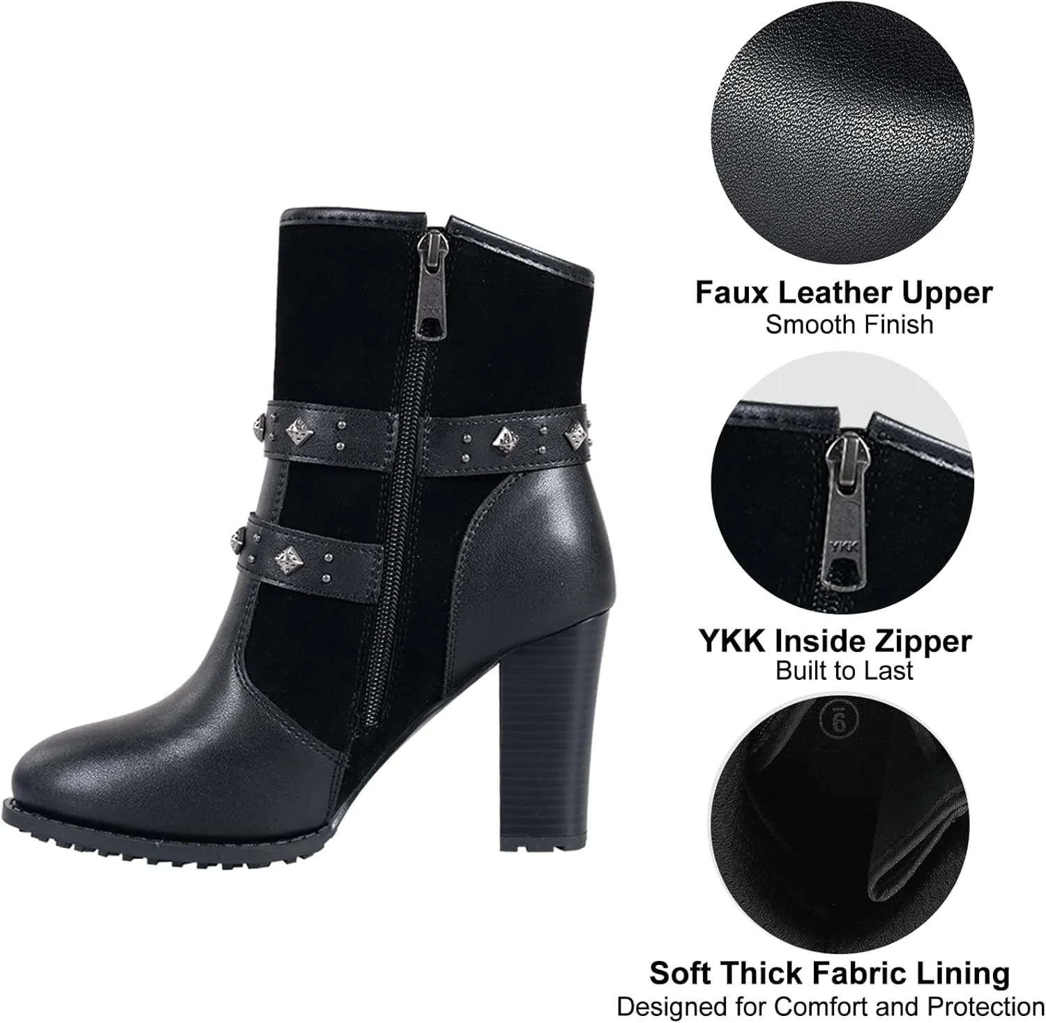 Dream Apparel Womens Motorcycle Riding Boots Biker Boots with Side Zipper, Black Faux Leather Ankle Boots Booties with Adjustable Buckled Straps, Fashion Short Boots for Ladies with Chunky High Heel