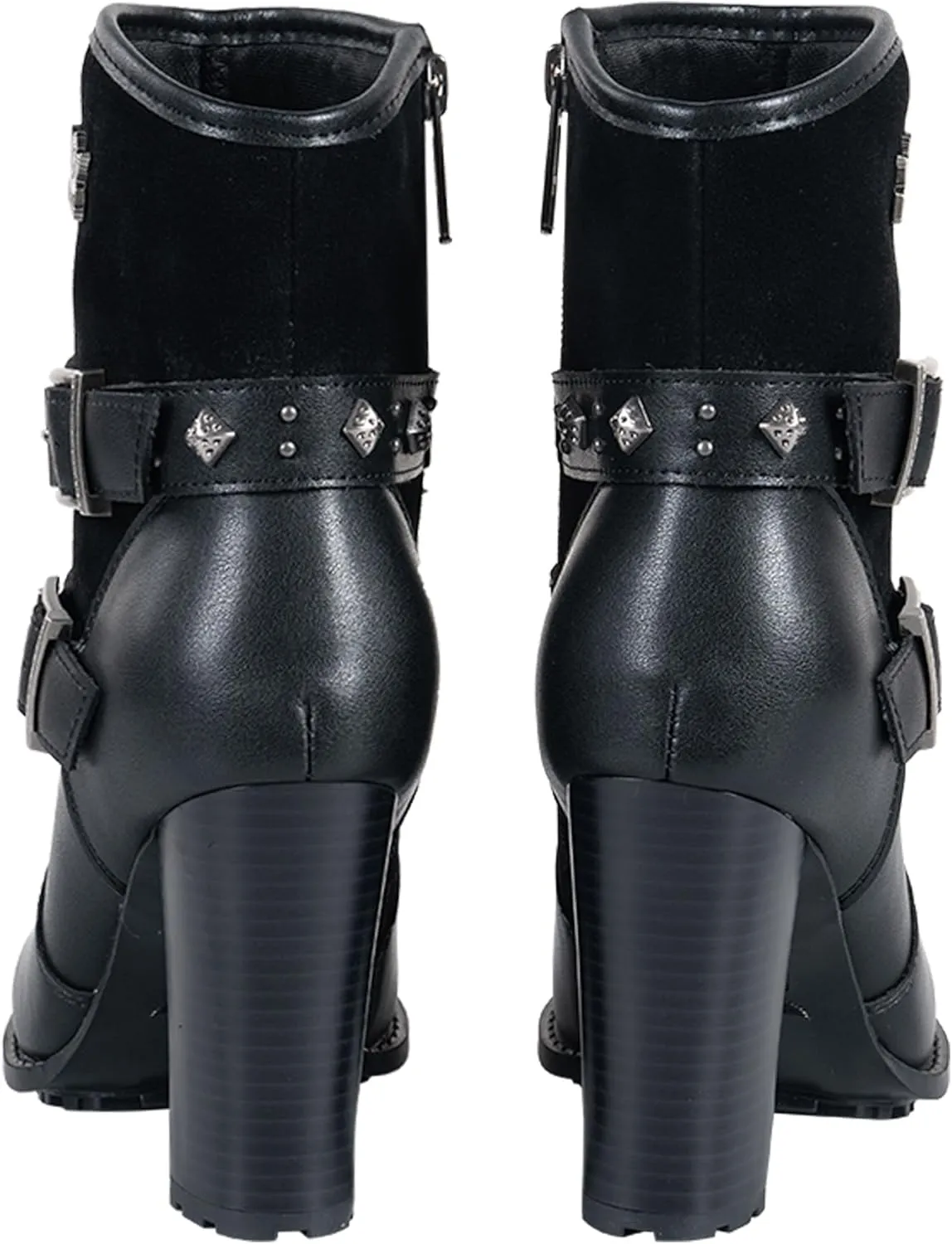 Dream Apparel Womens Motorcycle Riding Boots Biker Boots with Side Zipper, Black Faux Leather Ankle Boots Booties with Adjustable Buckled Straps, Fashion Short Boots for Ladies with Chunky High Heel