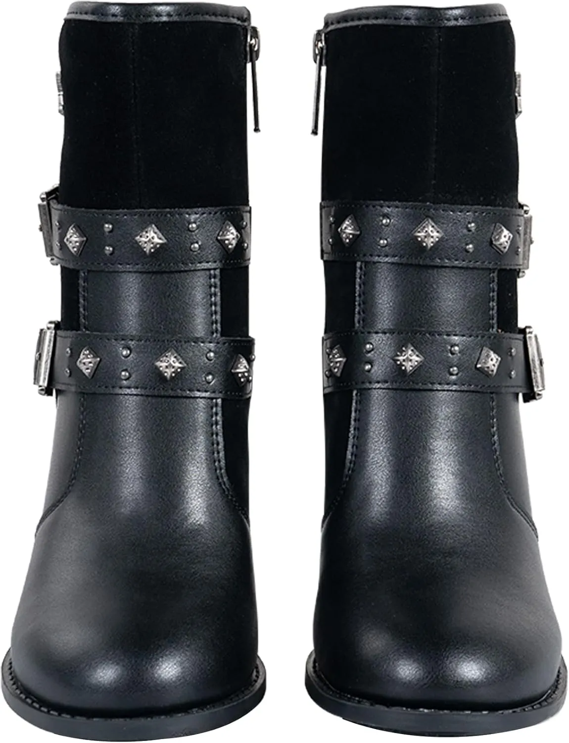 Dream Apparel Womens Motorcycle Riding Boots Biker Boots with Side Zipper, Black Faux Leather Ankle Boots Booties with Adjustable Buckled Straps, Fashion Short Boots for Ladies with Chunky High Heel