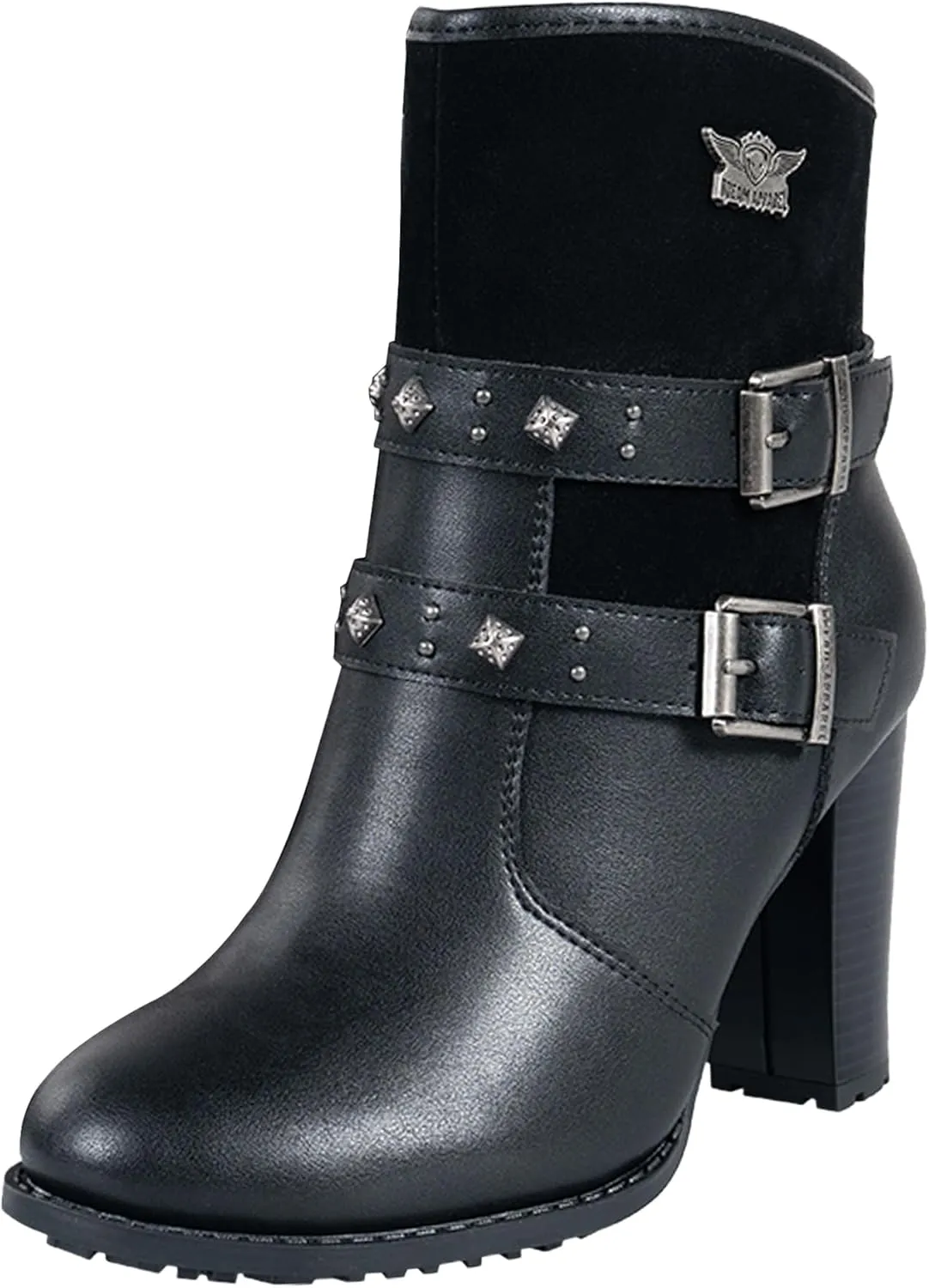 Dream Apparel Womens Motorcycle Riding Boots Biker Boots with Side Zipper, Black Faux Leather Ankle Boots Booties with Adjustable Buckled Straps, Fashion Short Boots for Ladies with Chunky High Heel