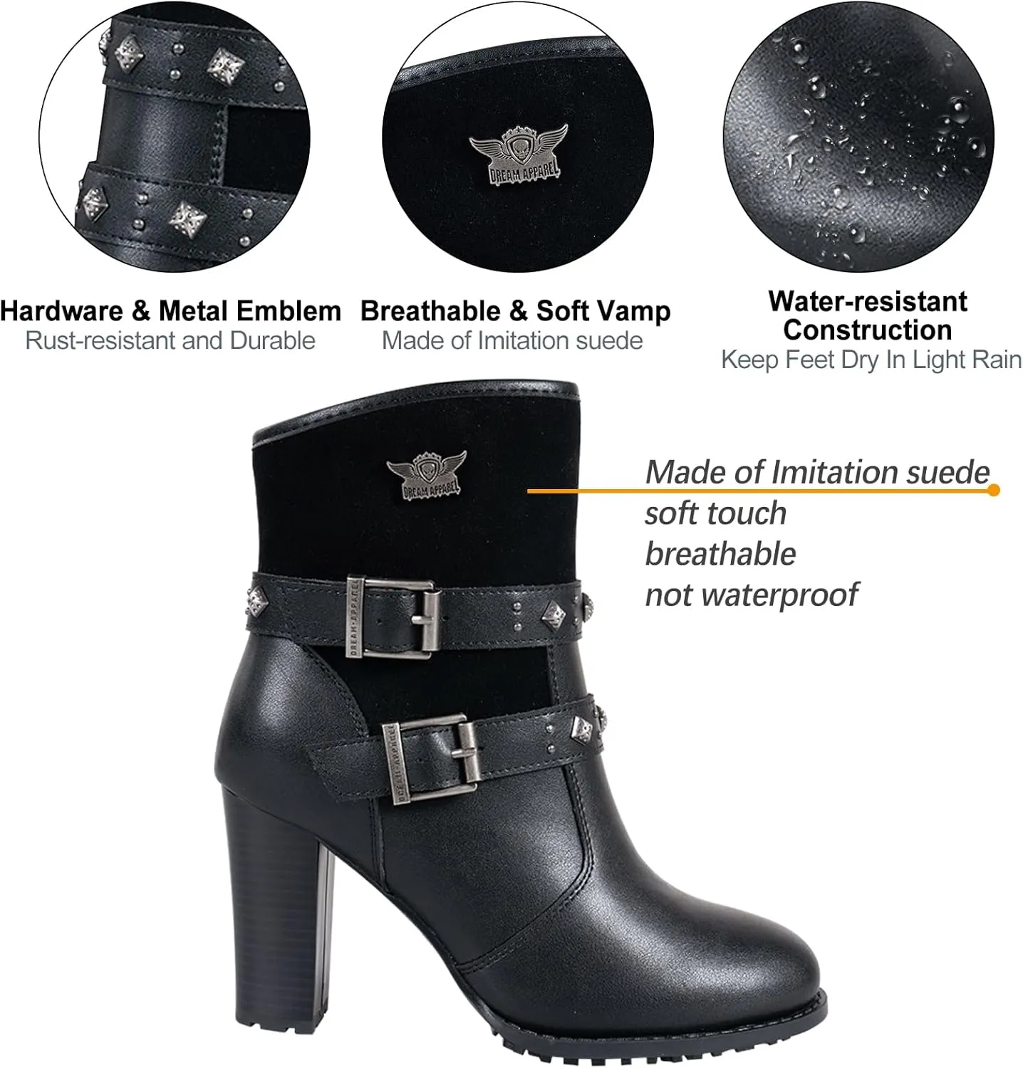 Dream Apparel Womens Motorcycle Riding Boots Biker Boots with Side Zipper, Black Faux Leather Ankle Boots Booties with Adjustable Buckled Straps, Fashion Short Boots for Ladies with Chunky High Heel