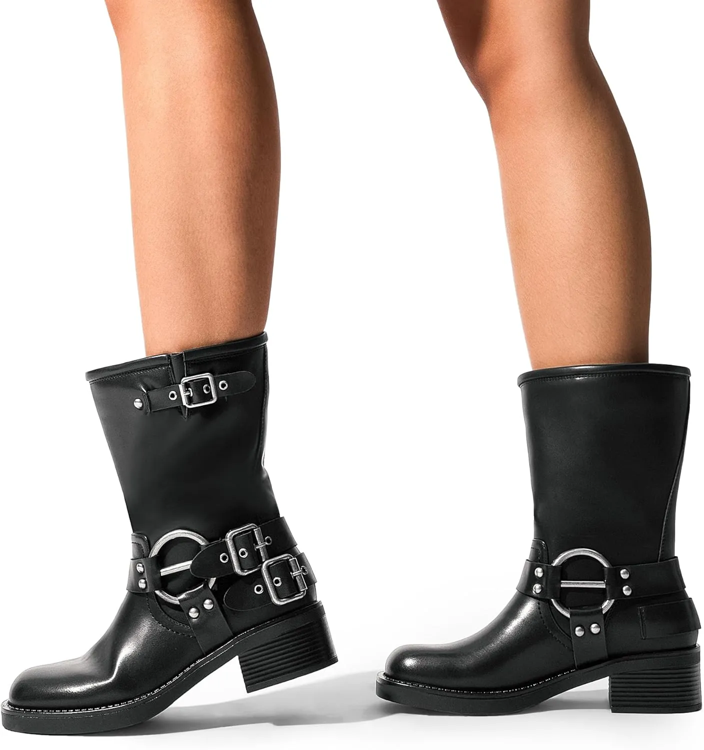 DREAM PAIRS Mid Calf Boots for Women, Square Toe Motorcycle Boots with Buckles, Women's Riding Biker Boots with Low Chunky Heel