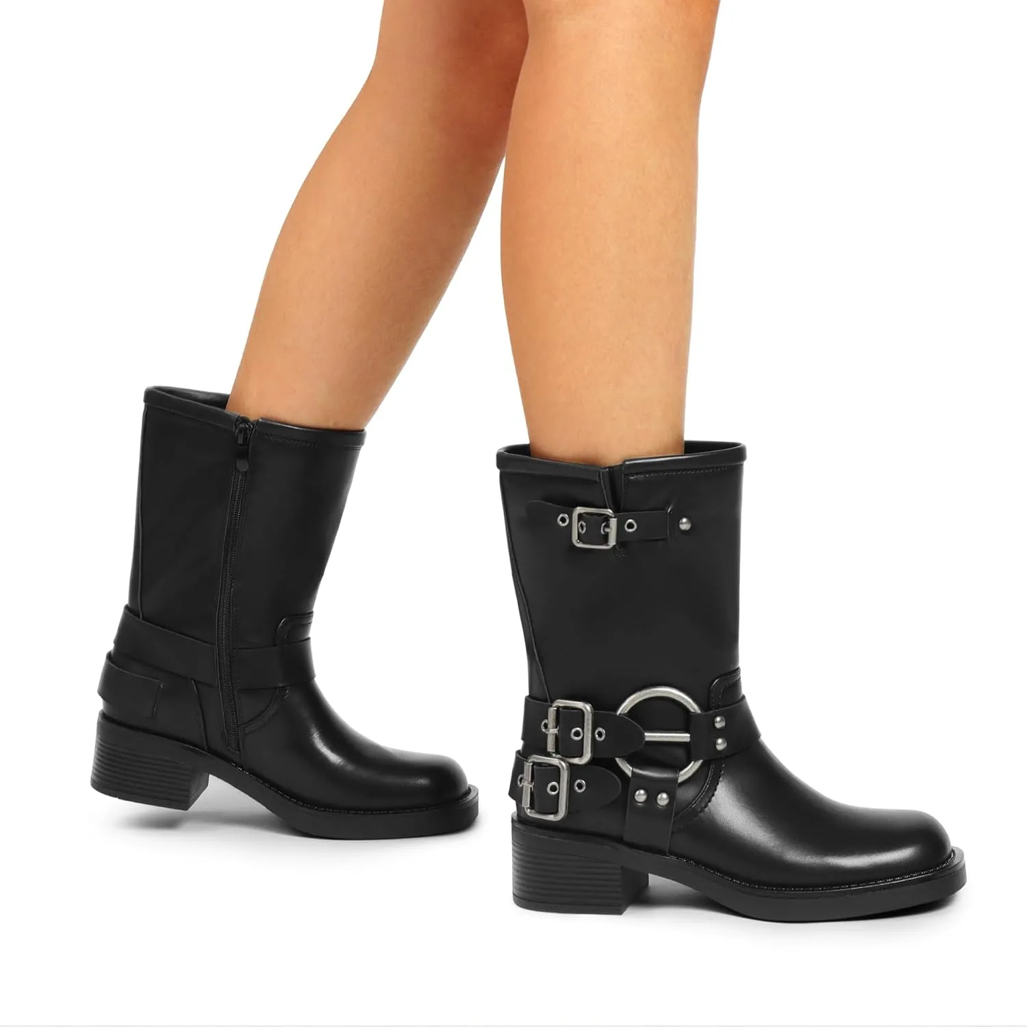 DREAM PAIRS Mid Calf Boots for Women, Square Toe Motorcycle Boots with Buckles, Women's Riding Biker Boots with Low Chunky Heel