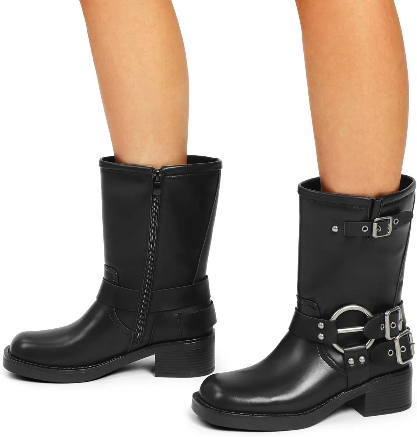 DREAM PAIRS Mid Calf Boots for Women, Square Toe Motorcycle Boots with Buckles, Women's Riding Biker Boots with Low Chunky Heel