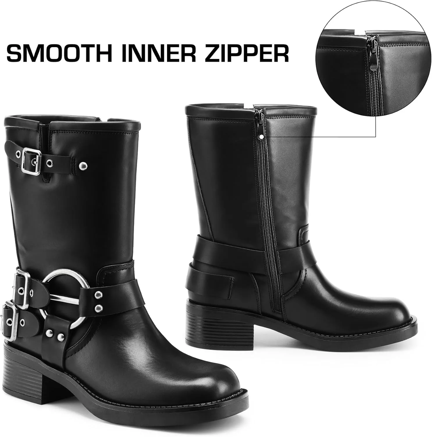 DREAM PAIRS Mid Calf Boots for Women, Square Toe Motorcycle Boots with Buckles, Women's Riding Biker Boots with Low Chunky Heel