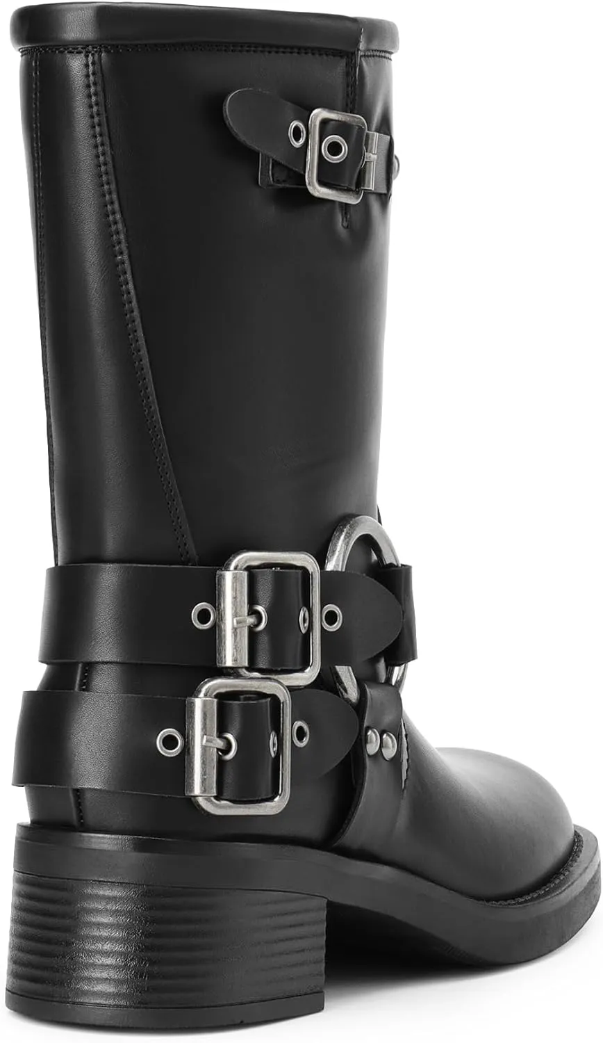 DREAM PAIRS Mid Calf Boots for Women, Square Toe Motorcycle Boots with Buckles, Women's Riding Biker Boots with Low Chunky Heel