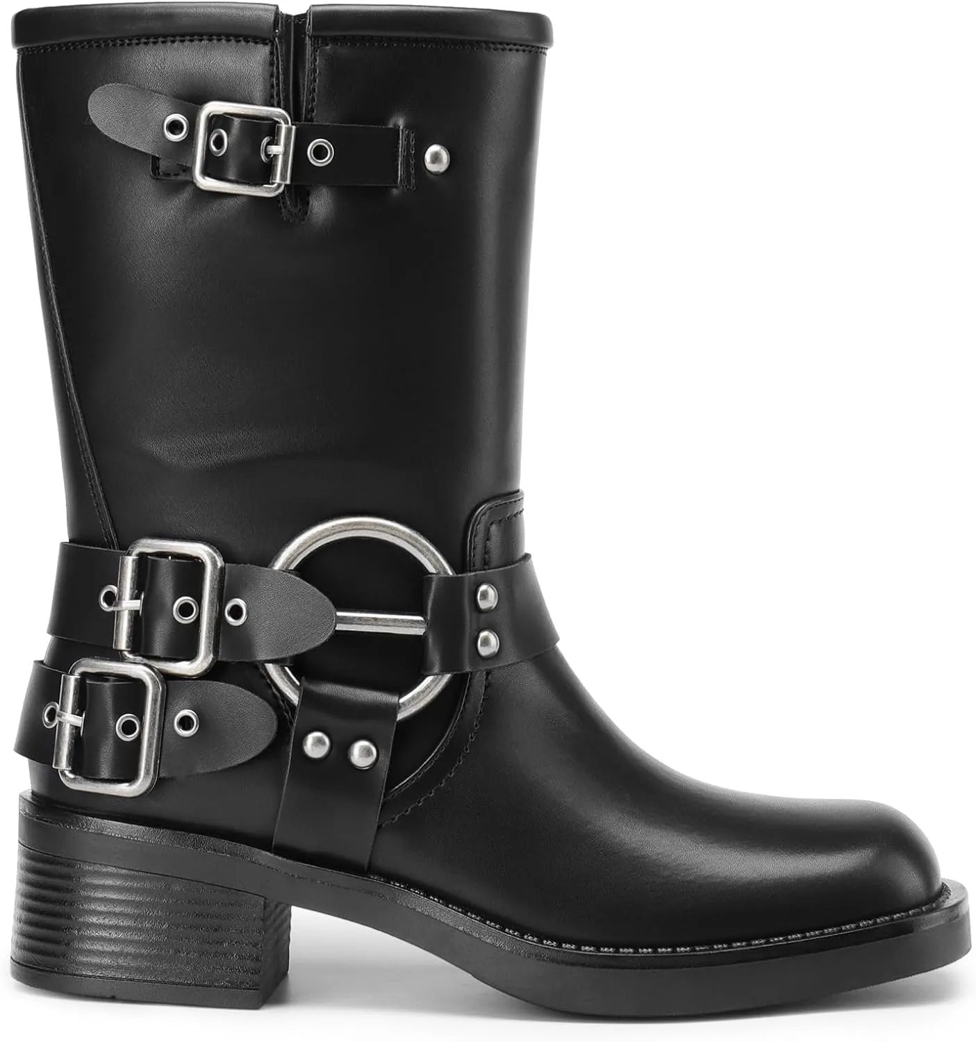 DREAM PAIRS Mid Calf Boots for Women, Square Toe Motorcycle Boots with Buckles, Women's Riding Biker Boots with Low Chunky Heel