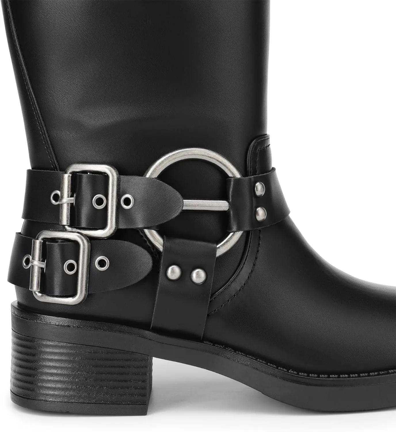 DREAM PAIRS Mid Calf Boots for Women, Square Toe Motorcycle Boots with Buckles, Women's Riding Biker Boots with Low Chunky Heel
