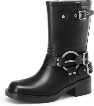 DREAM PAIRS Mid Calf Boots for Women, Square Toe Motorcycle Boots with Buckles, Women's Riding Biker Boots with Low Chunky Heel