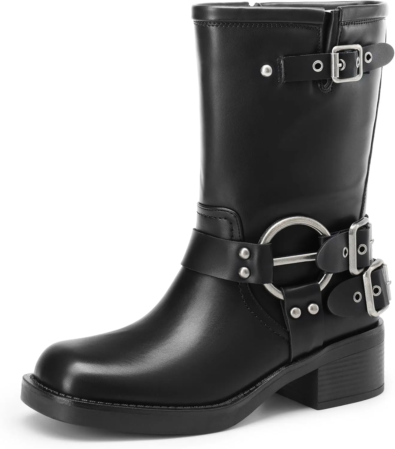 DREAM PAIRS Mid Calf Boots for Women, Square Toe Motorcycle Boots with Buckles, Women's Riding Biker Boots with Low Chunky Heel