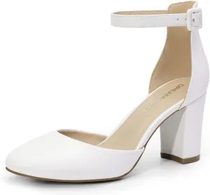 DREAM PAIRS Women's Closed Toe Chunky Heels Ankle Strap Low Block Heels Round Toe Dress Bridal Wedding Pumps Shoes