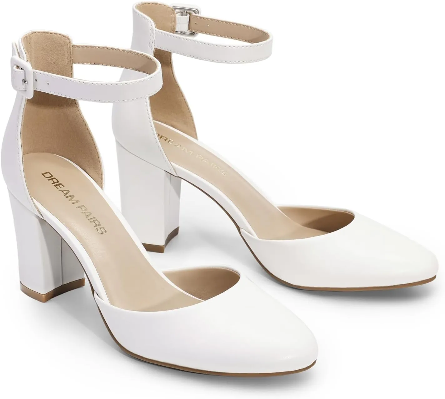 DREAM PAIRS Women's Closed Toe Chunky Heels Ankle Strap Low Block Heels Round Toe Dress Bridal Wedding Pumps Shoes