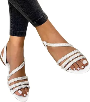 Eduavar Sandals for Women Dressy Summer, Sandals for Women Beach Sandals Breathable Buckle Rhinestone Open Toe Flat Sandals