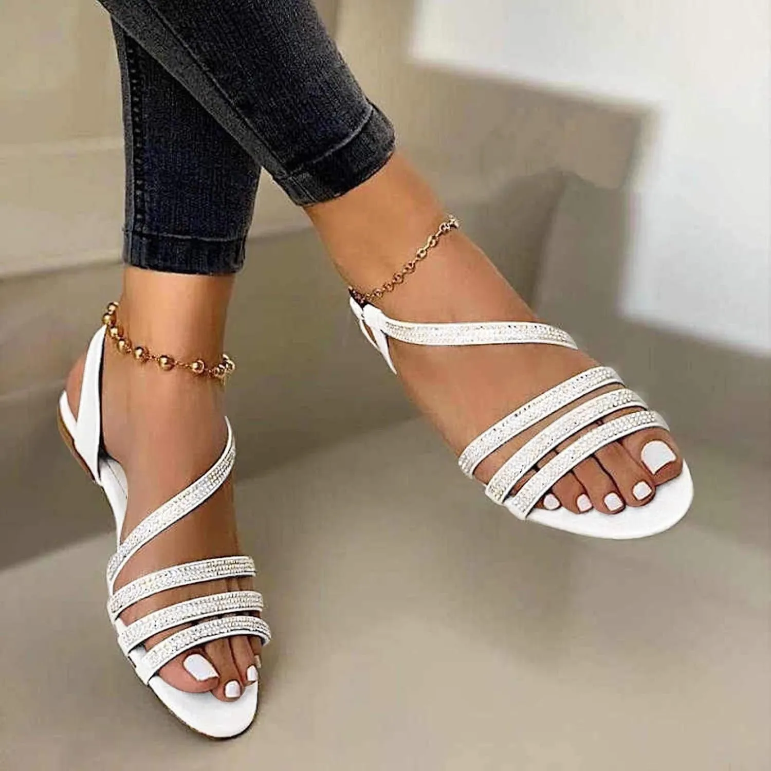 Eduavar Sandals for Women Dressy Summer, Sandals for Women Beach Sandals Breathable Buckle Rhinestone Open Toe Flat Sandals