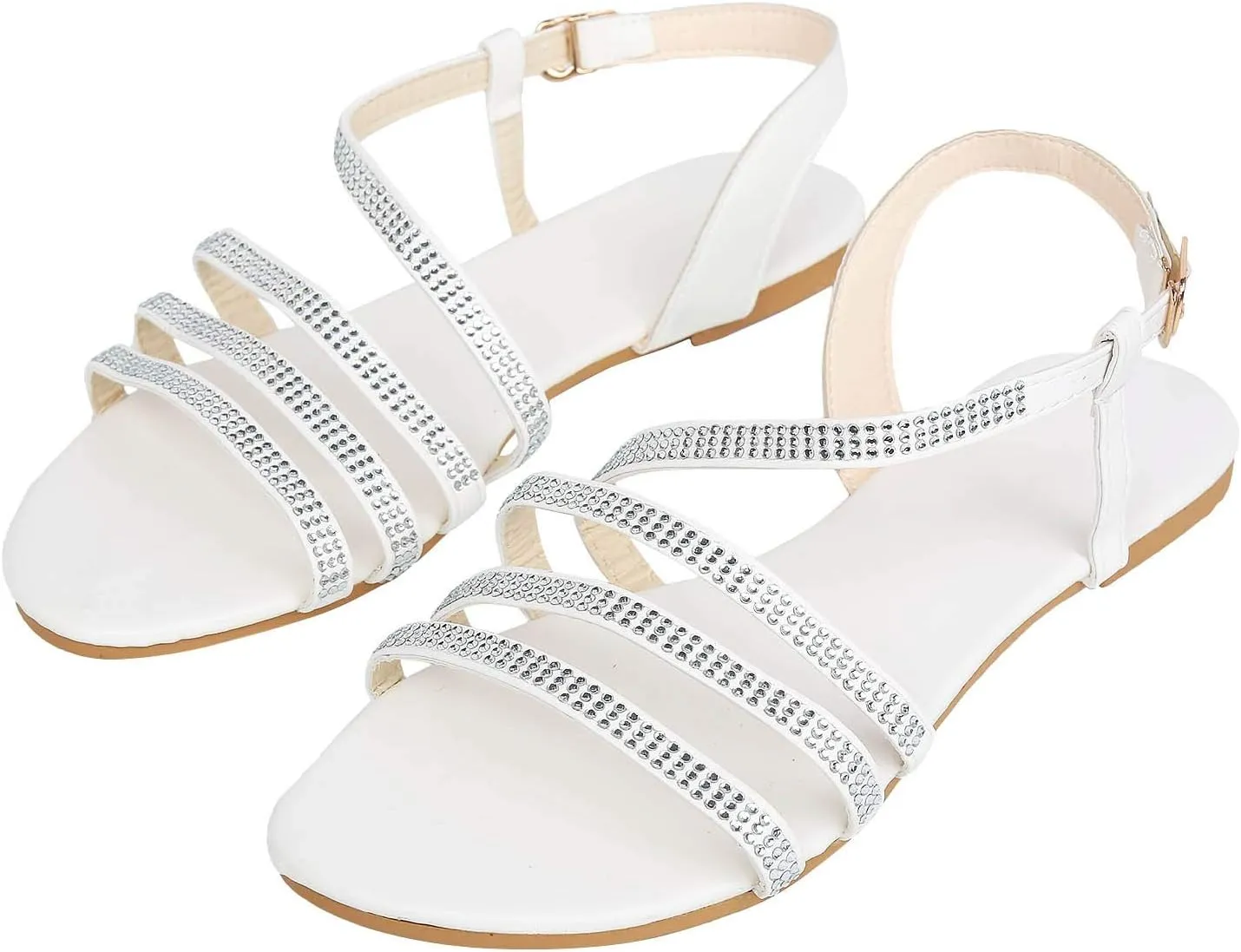 Eduavar Sandals for Women Dressy Summer, Sandals for Women Beach Sandals Breathable Buckle Rhinestone Open Toe Flat Sandals