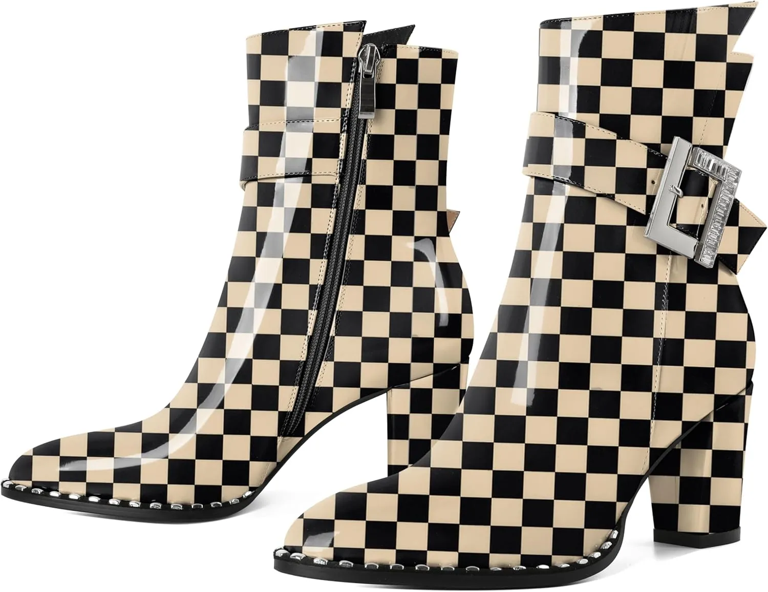 Eldof Ankle Boots for Women Block Chunky Heel Round Toe Beaded Heeled Fall Short Booties Buckle Strap Side Zipper 3 Inches