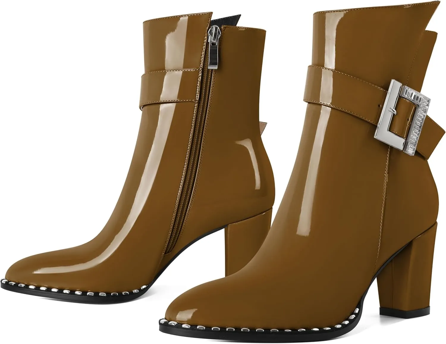 Eldof Ankle Boots for Women Block Chunky Heel Round Toe Beaded Heeled Fall Short Booties Buckle Strap Side Zipper 3 Inches