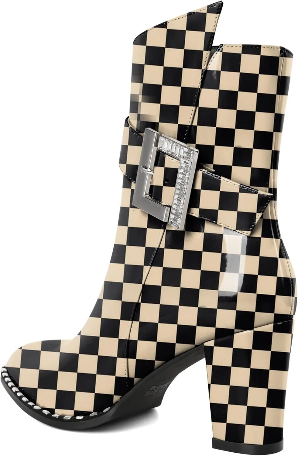 Eldof Ankle Boots for Women Block Chunky Heel Round Toe Beaded Heeled Fall Short Booties Buckle Strap Side Zipper 3 Inches