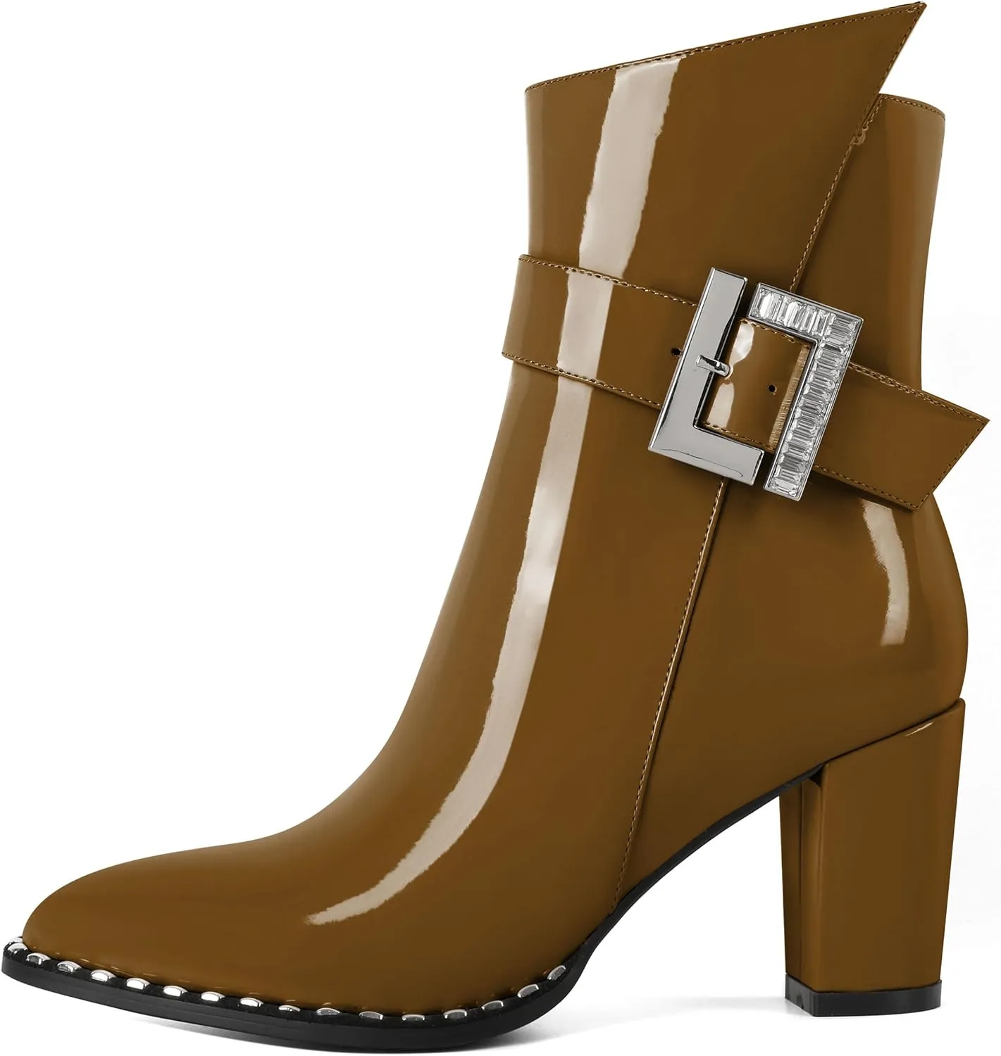 Eldof Ankle Boots for Women Block Chunky Heel Round Toe Beaded Heeled Fall Short Booties Buckle Strap Side Zipper 3 Inches
