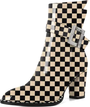 Eldof Ankle Boots for Women Block Chunky Heel Round Toe Beaded Heeled Fall Short Booties Buckle Strap Side Zipper 3 Inches